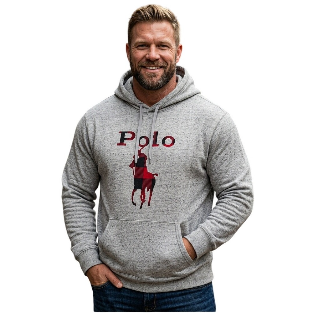 Polo Ralph Lauren Mens Grey Buffalo Plaid Big Pony Fleece Hoodie 4XLT New